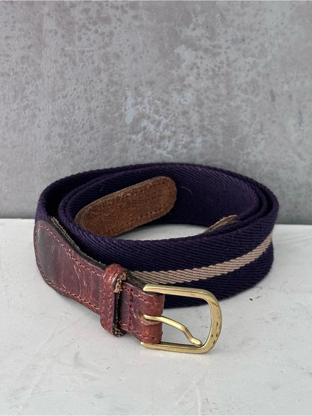 VTG Golf Belt Leather Trimmed Canvas Navy Blue Striped Brass 34